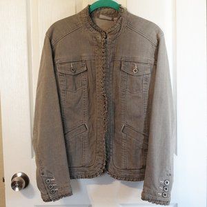 Chico's Platinum Gray Ruffled Military Jean Jacket